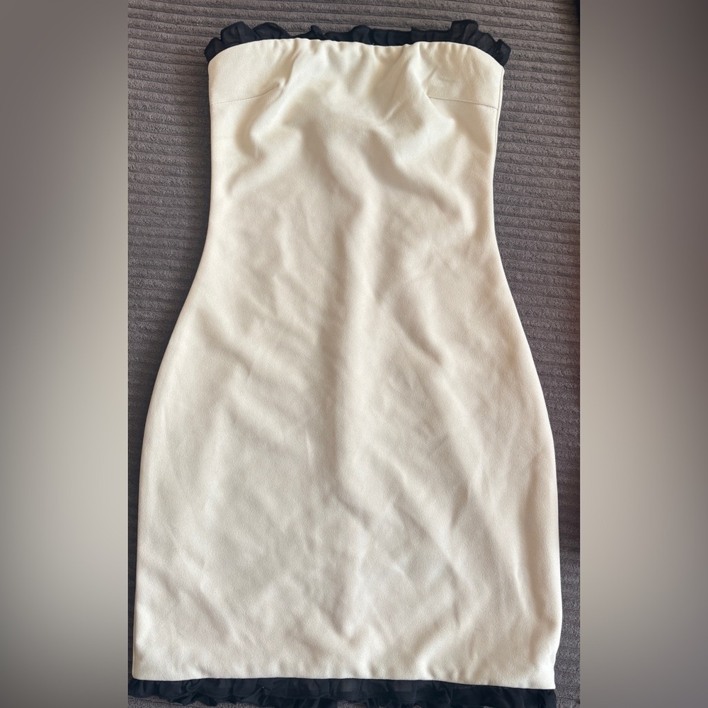 Strapless Cream Dress with Black Ruffle Trim white fox